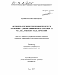 Греченюк, Антон Владимирович. Формирование инвестиционной политики регионов на основе эффективных способов ее анализа, оценки и моделирования: дис. кандидат экономических наук: 08.00.05 - Экономика и управление народным хозяйством: теория управления экономическими системами; макроэкономика; экономика, организация и управление предприятиями, отраслями, комплексами; управление инновациями; региональная экономика; логистика; экономика труда. Орел. 2004. 180 с.
