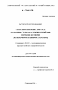 Луговской, Сергей Иванович. Социально-экономическая среда предпринимательства в сельском хозяйстве: состояние и развитие: на материалах Ставропольского края: дис. кандидат экономических наук: 08.00.05 - Экономика и управление народным хозяйством: теория управления экономическими системами; макроэкономика; экономика, организация и управление предприятиями, отраслями, комплексами; управление инновациями; региональная экономика; логистика; экономика труда. Ставрополь. 2006. 212 с.
