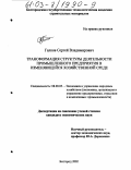 Галков, Сергей Владимирович. Трансформация структуры деятельности промышленного предприятия в изменяющейся хозяйственной среде: дис. кандидат экономических наук: 08.00.05 - Экономика и управление народным хозяйством: теория управления экономическими системами; макроэкономика; экономика, организация и управление предприятиями, отраслями, комплексами; управление инновациями; региональная экономика; логистика; экономика труда. Белгород. 2002. 188 с.