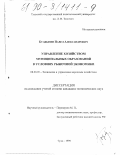 Булдыгин, Павел Александрович. Управление хозяйством муниципальных образований в условиях рыночной экономики: дис. кандидат экономических наук: 08.00.05 - Экономика и управление народным хозяйством: теория управления экономическими системами; макроэкономика; экономика, организация и управление предприятиями, отраслями, комплексами; управление инновациями; региональная экономика; логистика; экономика труда. Тула. 1999. 172 с.