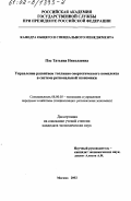 Пэк, Татьяна Николаевна. Управление развитием топливно-энергетического комплекса в системе региональной экономики: дис. кандидат экономических наук: 08.00.05 - Экономика и управление народным хозяйством: теория управления экономическими системами; макроэкономика; экономика, организация и управление предприятиями, отраслями, комплексами; управление инновациями; региональная экономика; логистика; экономика труда. Москва. 2002. 132 с.